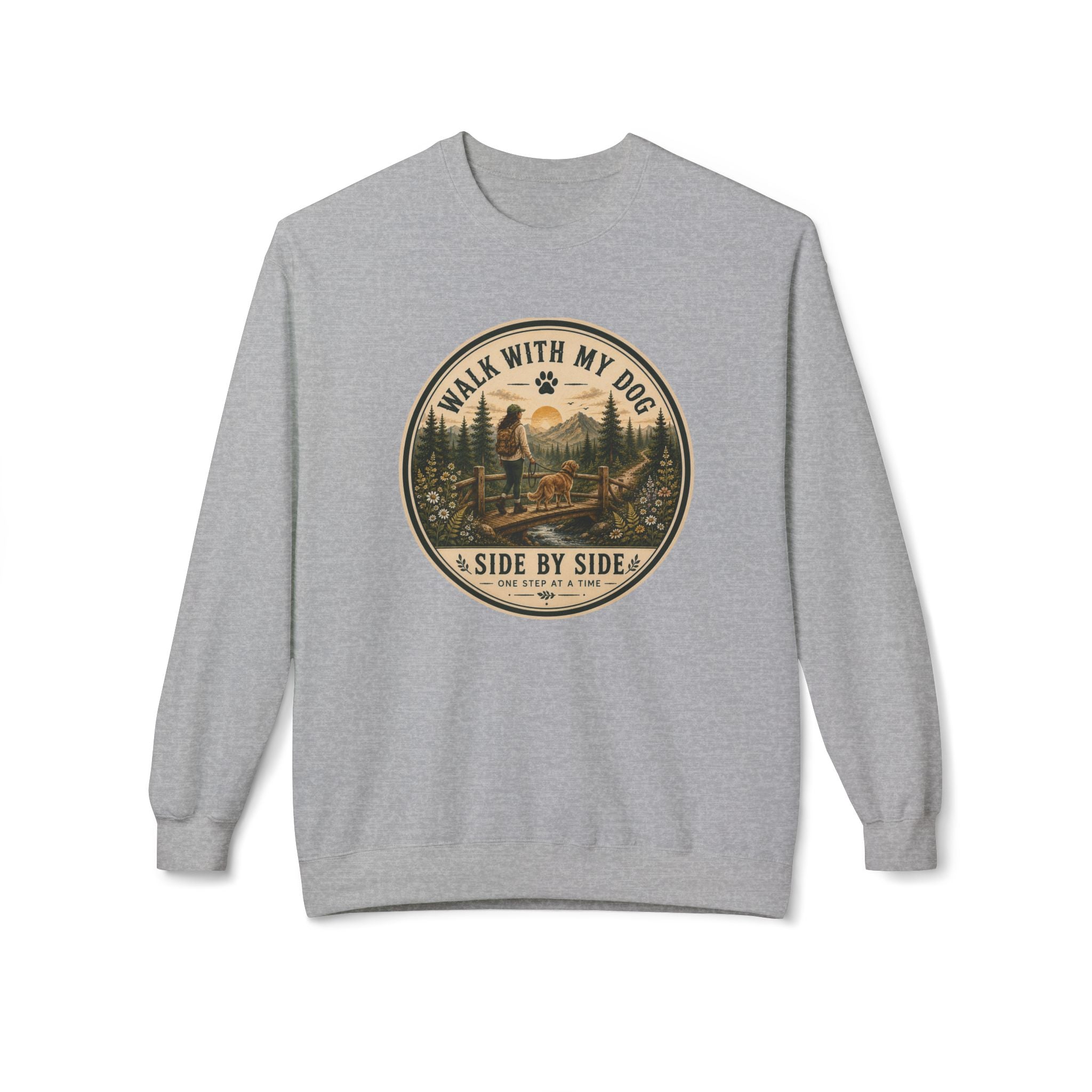 Crewneck Sweatshirt — "I Walk With My Dog Side by Side" Vintage Outdoor Graphic