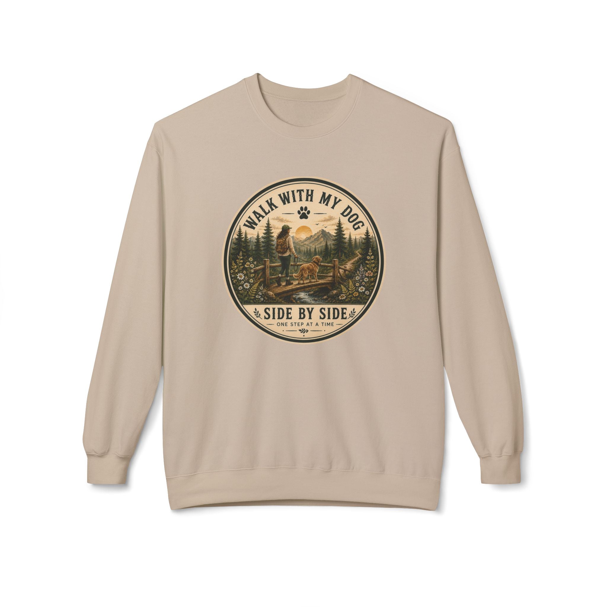 Crewneck Sweatshirt — "I Walk With My Dog Side by Side" Vintage Outdoor Graphic