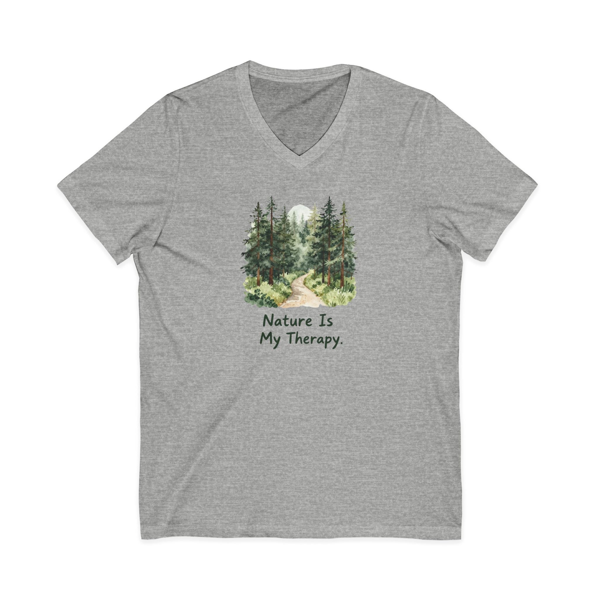 Nature Is My Therapy V-Neck Tee — Forest Watercolor Hiking Shirt