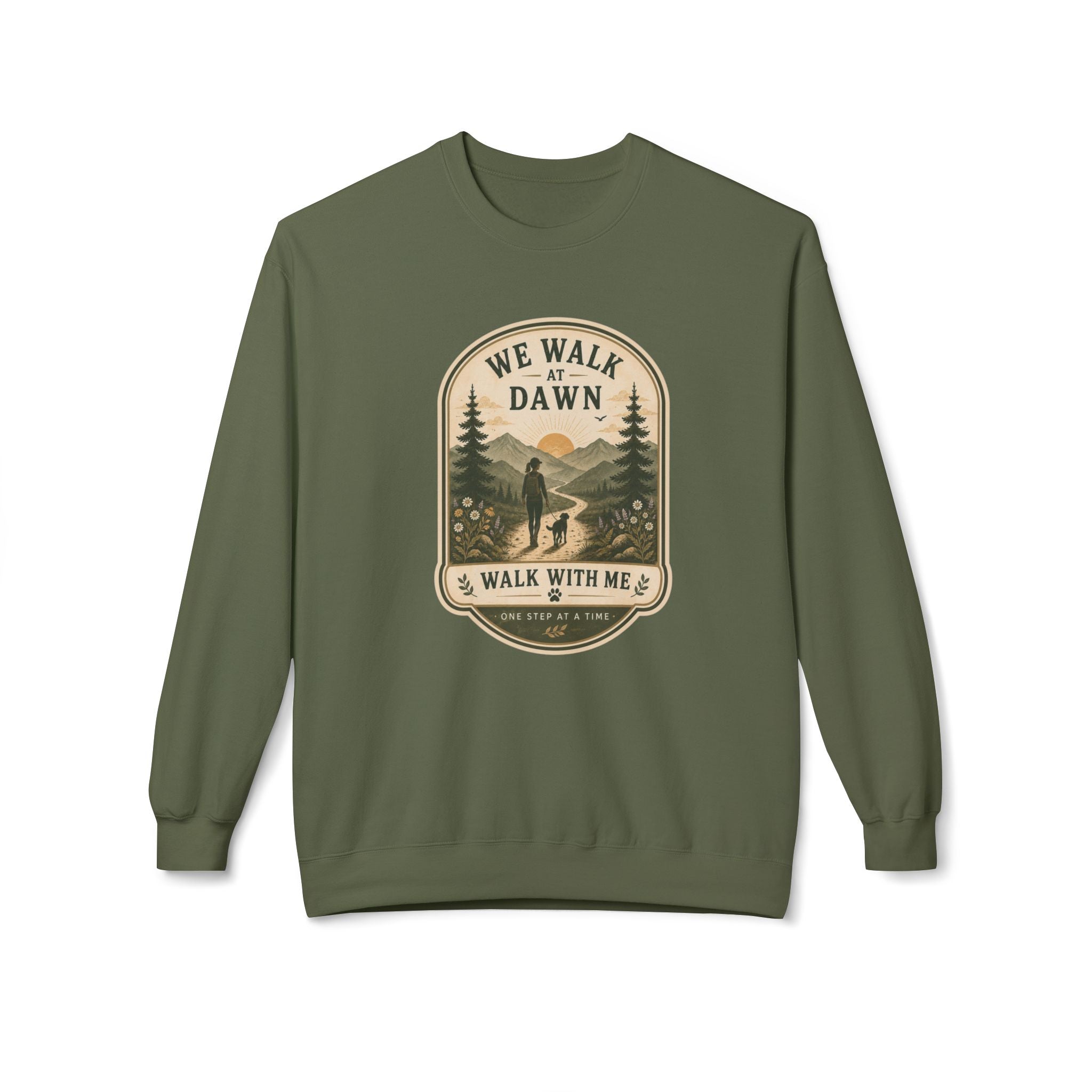 Sweatshirt - "We Walk at Dawn" Hiking Badge Crewneck