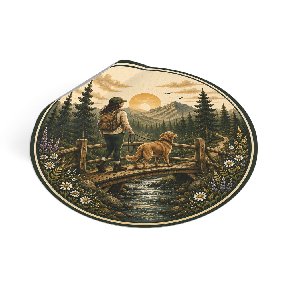 Hiker & Dog Round Vinyl Sticker — Sunrise Mountain Trail Scene