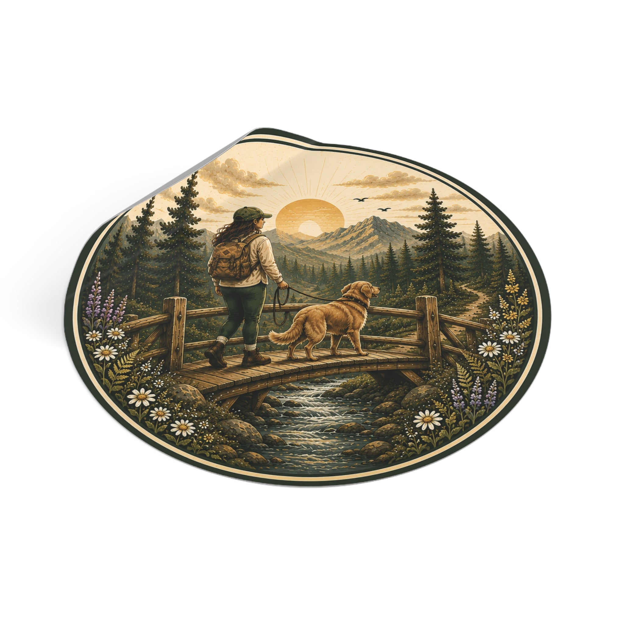 Hiker & Dog Round Vinyl Sticker — Sunrise Mountain Trail Scene