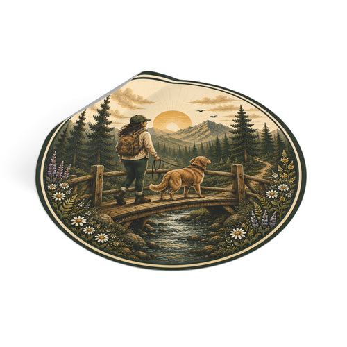 Hiker & Dog Round Vinyl Sticker — Sunrise Mountain Trail Scene