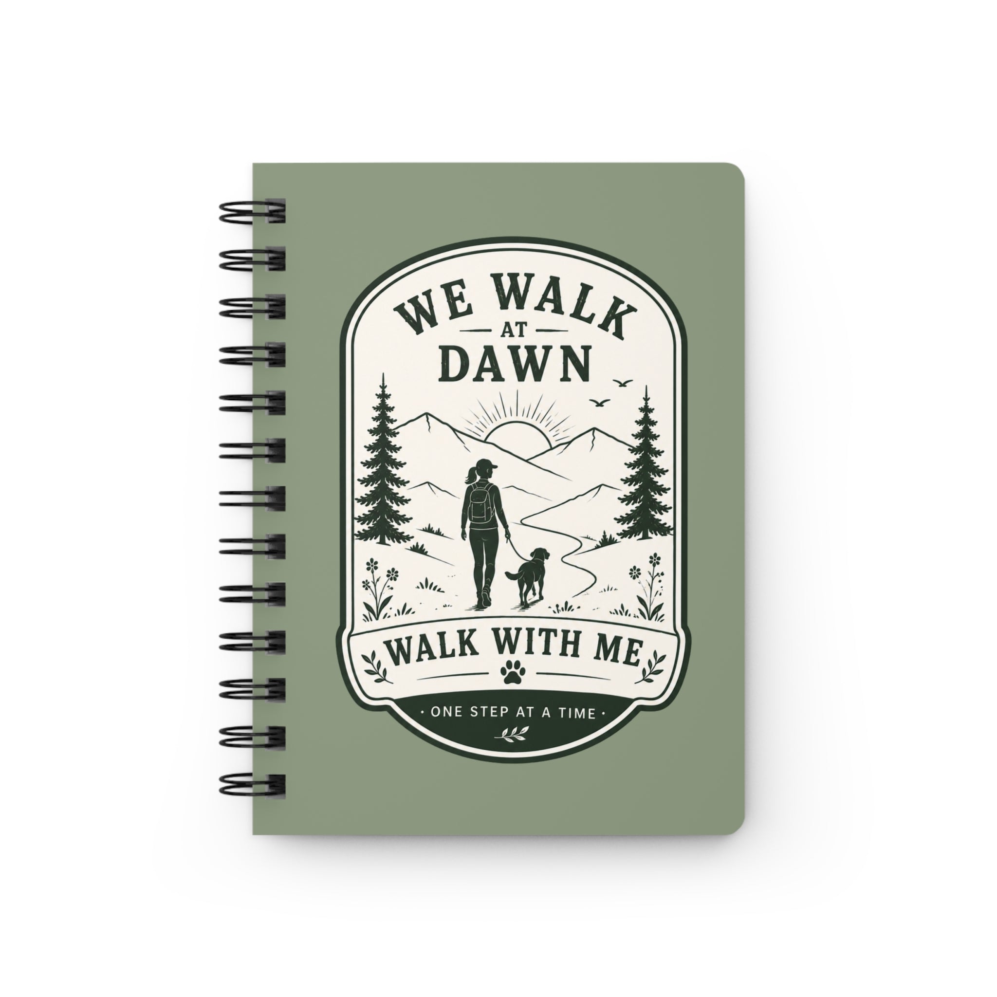 We Walk at Dawn hiking silhouette Spiral Bound Journal | nature, dog paw emblem