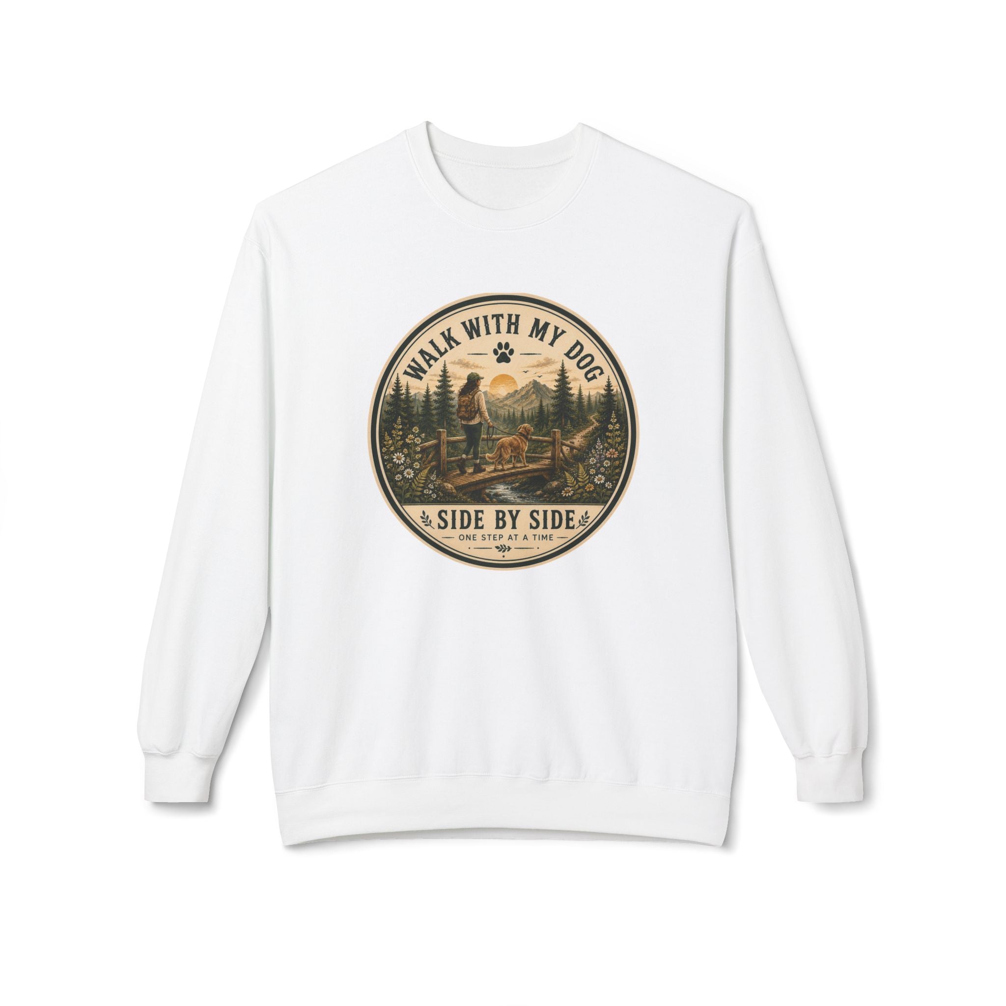 Crewneck Sweatshirt — "I Walk With My Dog Side by Side" Vintage Outdoor Graphic