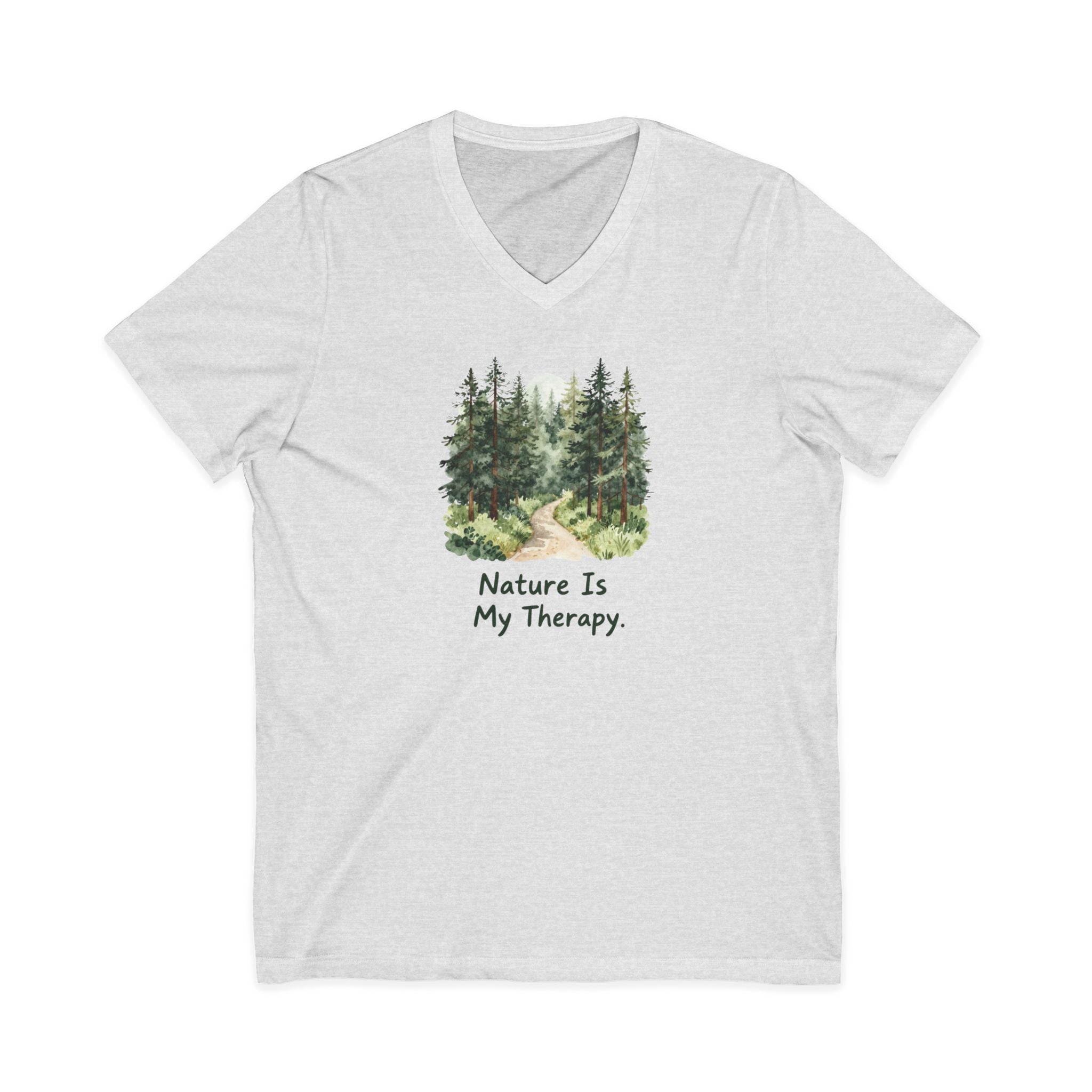 Nature Is My Therapy V-Neck Tee — Forest Watercolor Hiking Shirt