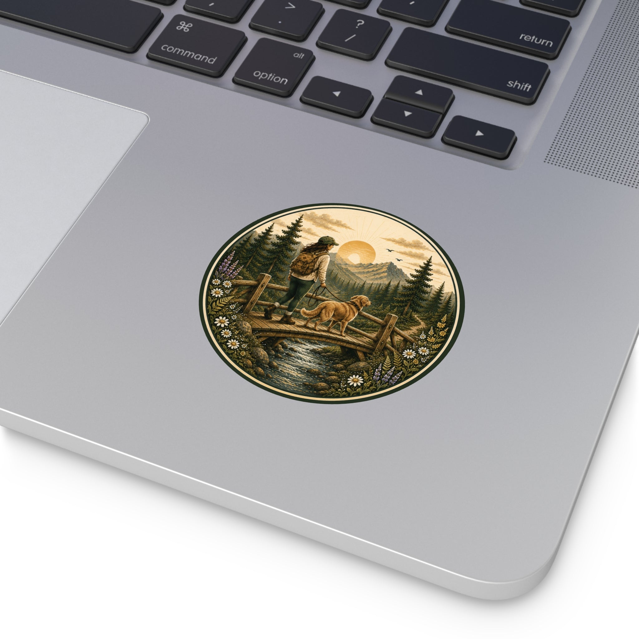 Hiker & Dog Round Vinyl Sticker — Sunrise Mountain Trail Scene