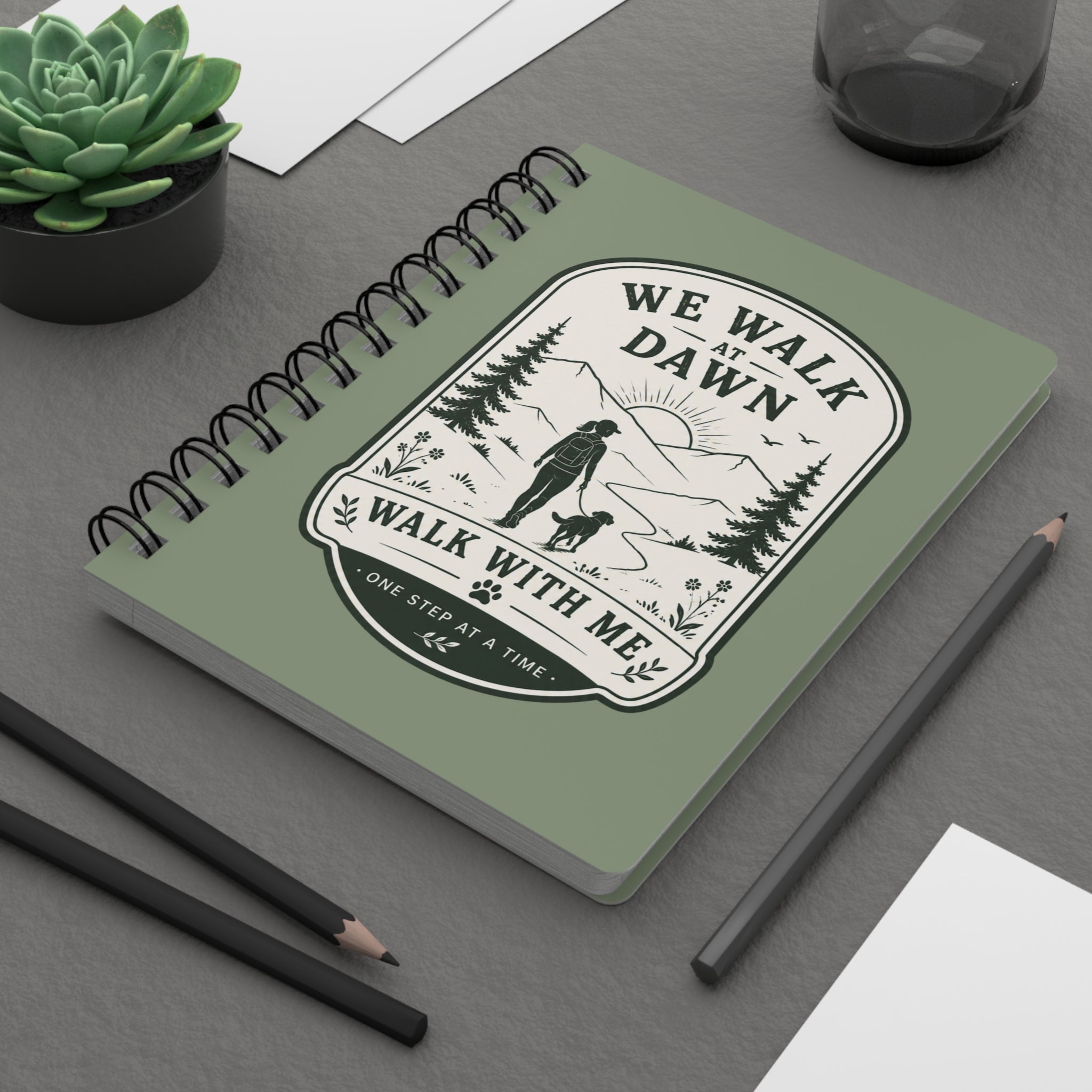 We Walk at Dawn hiking silhouette Spiral Bound Journal | nature, dog paw emblem