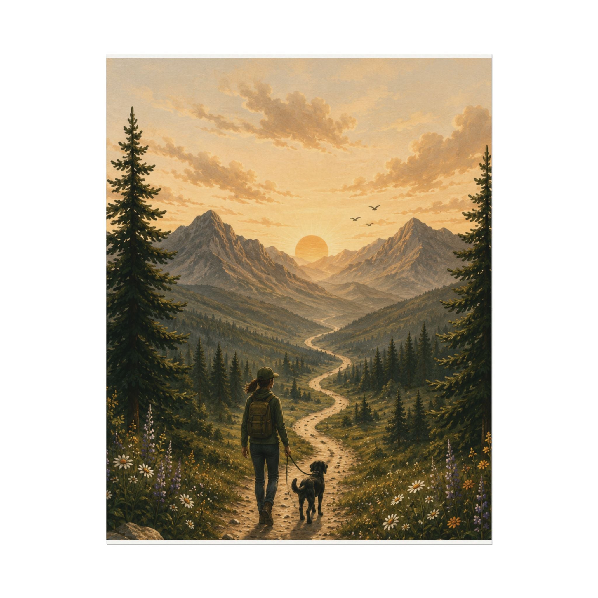 Matte Poster — Hiker and Dog Sunset Mountain Watercolor Print