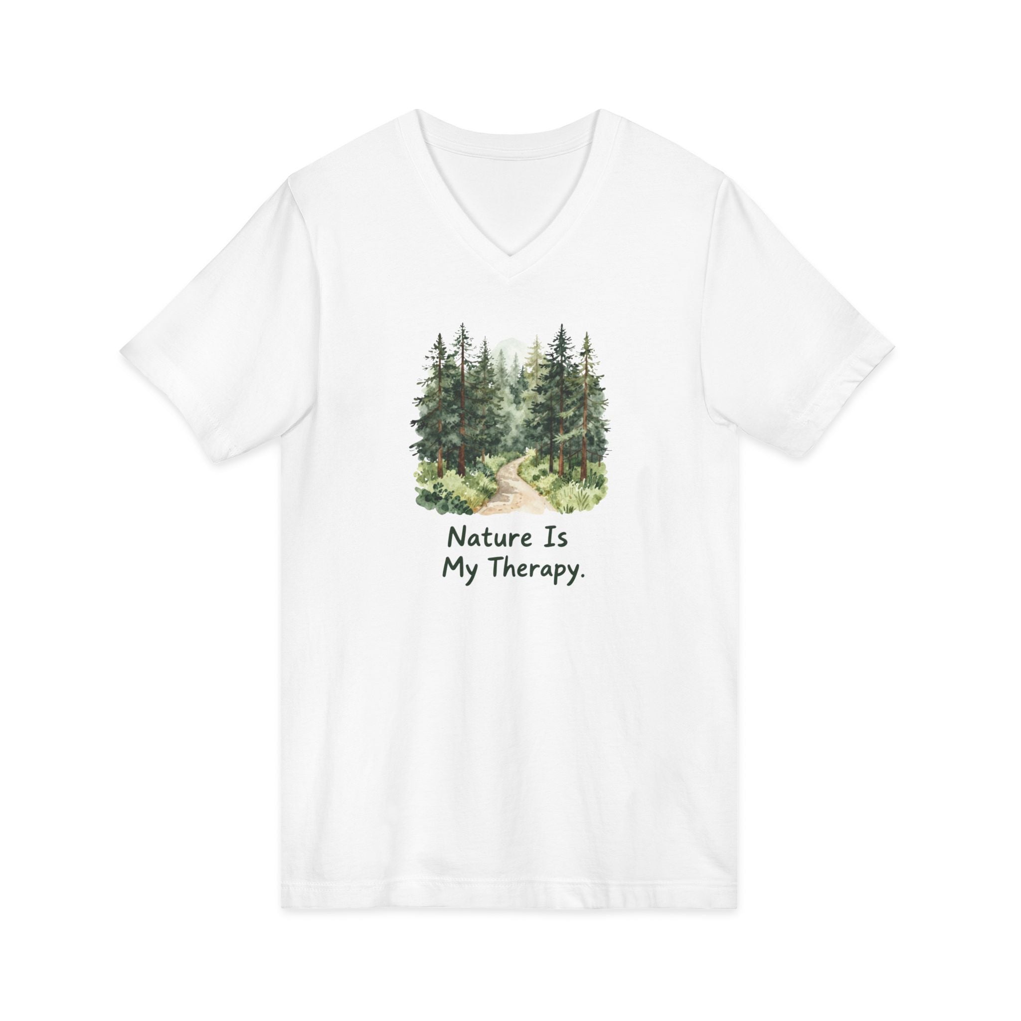 Nature Is My Therapy V-Neck Tee — Forest Watercolor Hiking Shirt