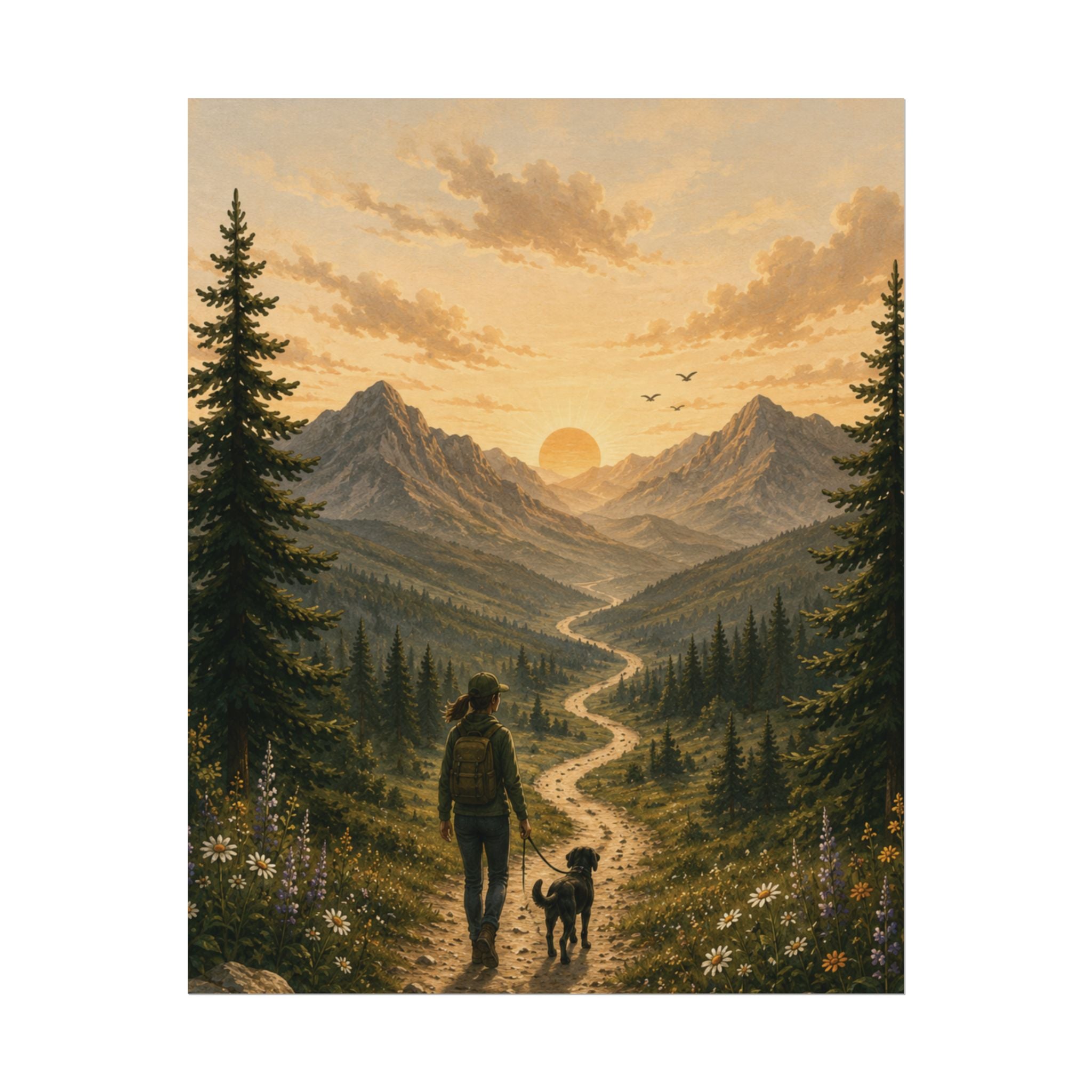 Matte Poster — Hiker and Dog Sunset Mountain Watercolor Print