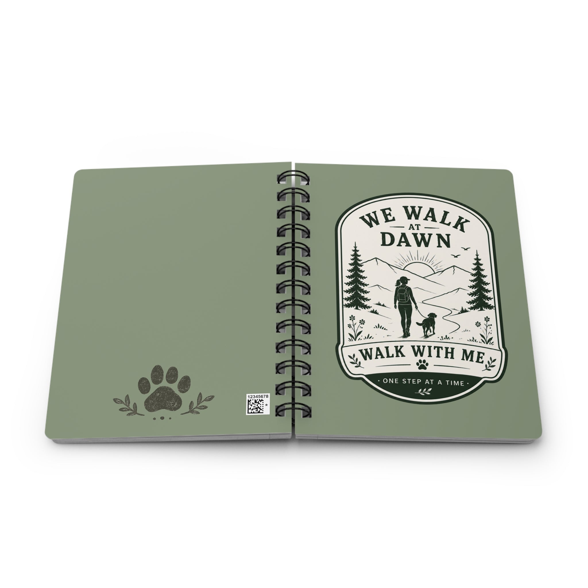 We Walk at Dawn hiking silhouette Spiral Bound Journal | nature, dog paw emblem