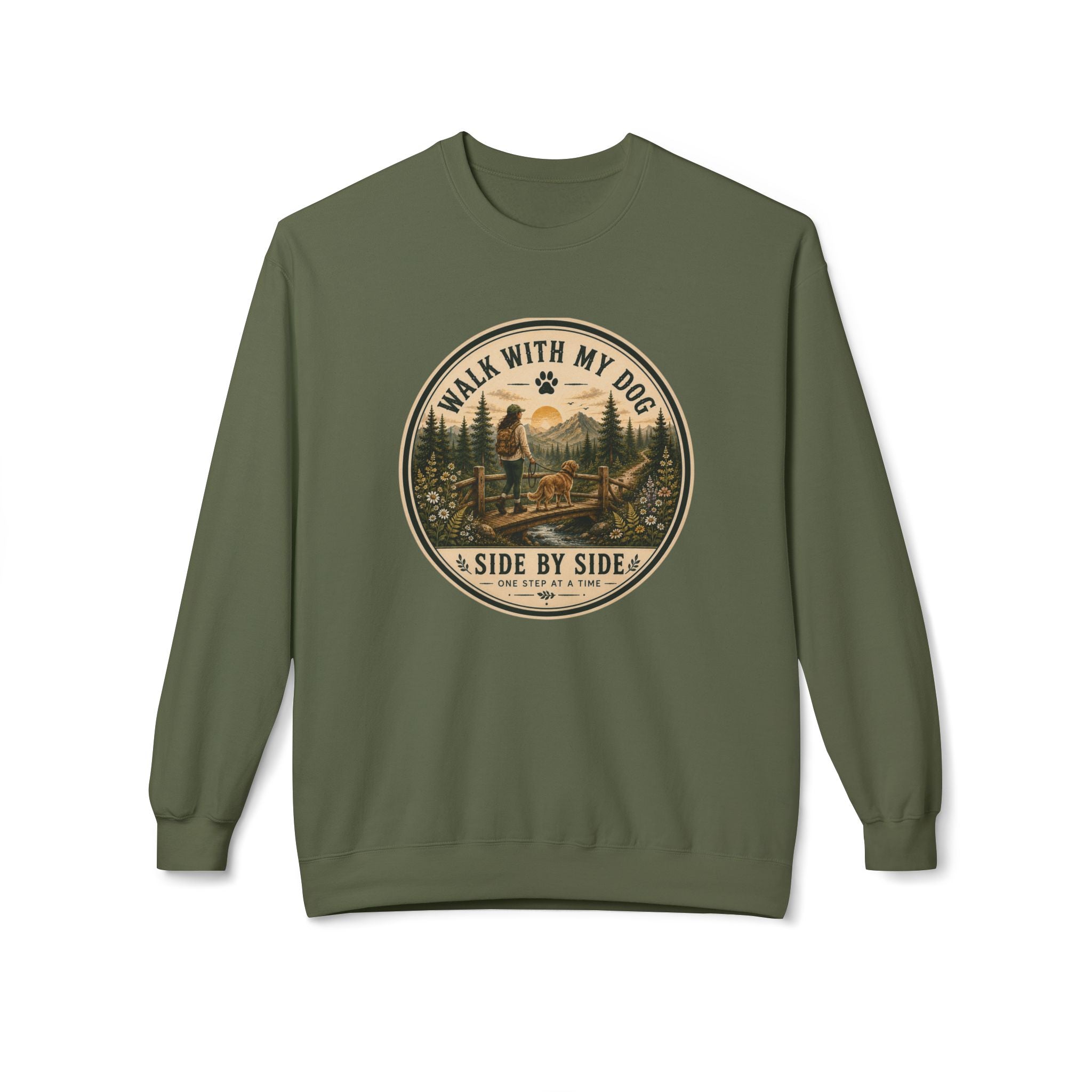 Crewneck Sweatshirt — "I Walk With My Dog Side by Side" Vintage Outdoor Graphic