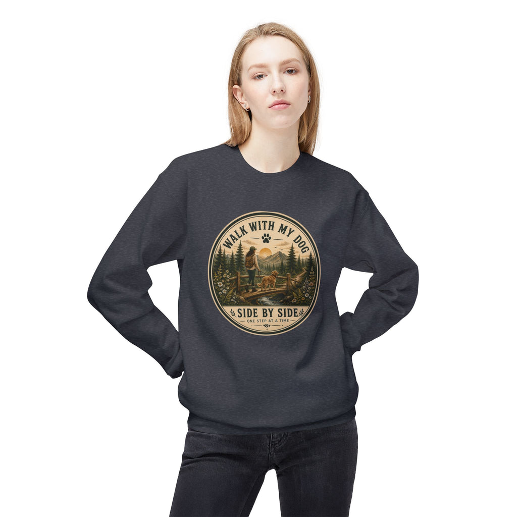 Crewneck Sweatshirt — "I Walk With My Dog Side by Side" Vintage Outdoor Graphic
