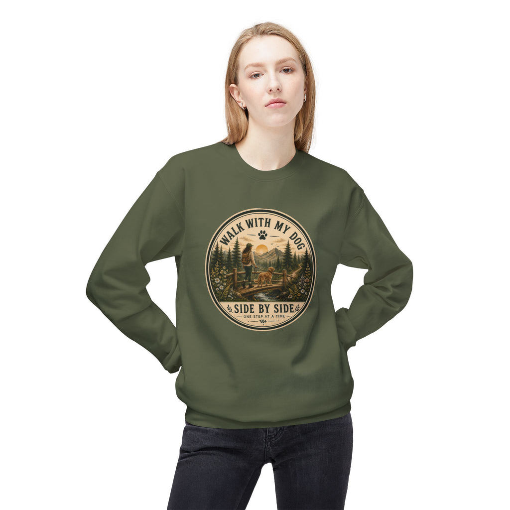 Crewneck Sweatshirt — "I Walk With My Dog Side by Side" Vintage Outdoor Graphic