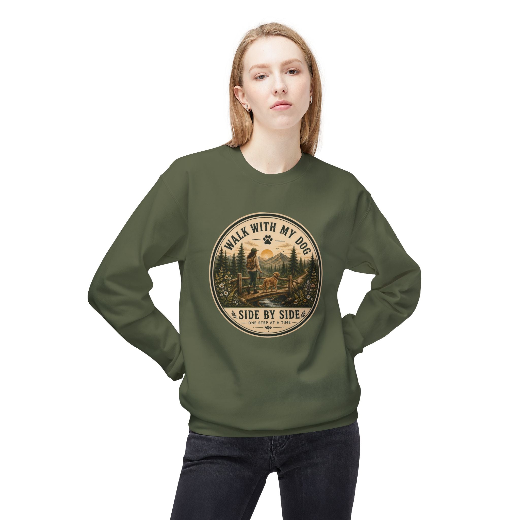 Crewneck Sweatshirt — "I Walk With My Dog Side by Side" Vintage Outdoor Graphic