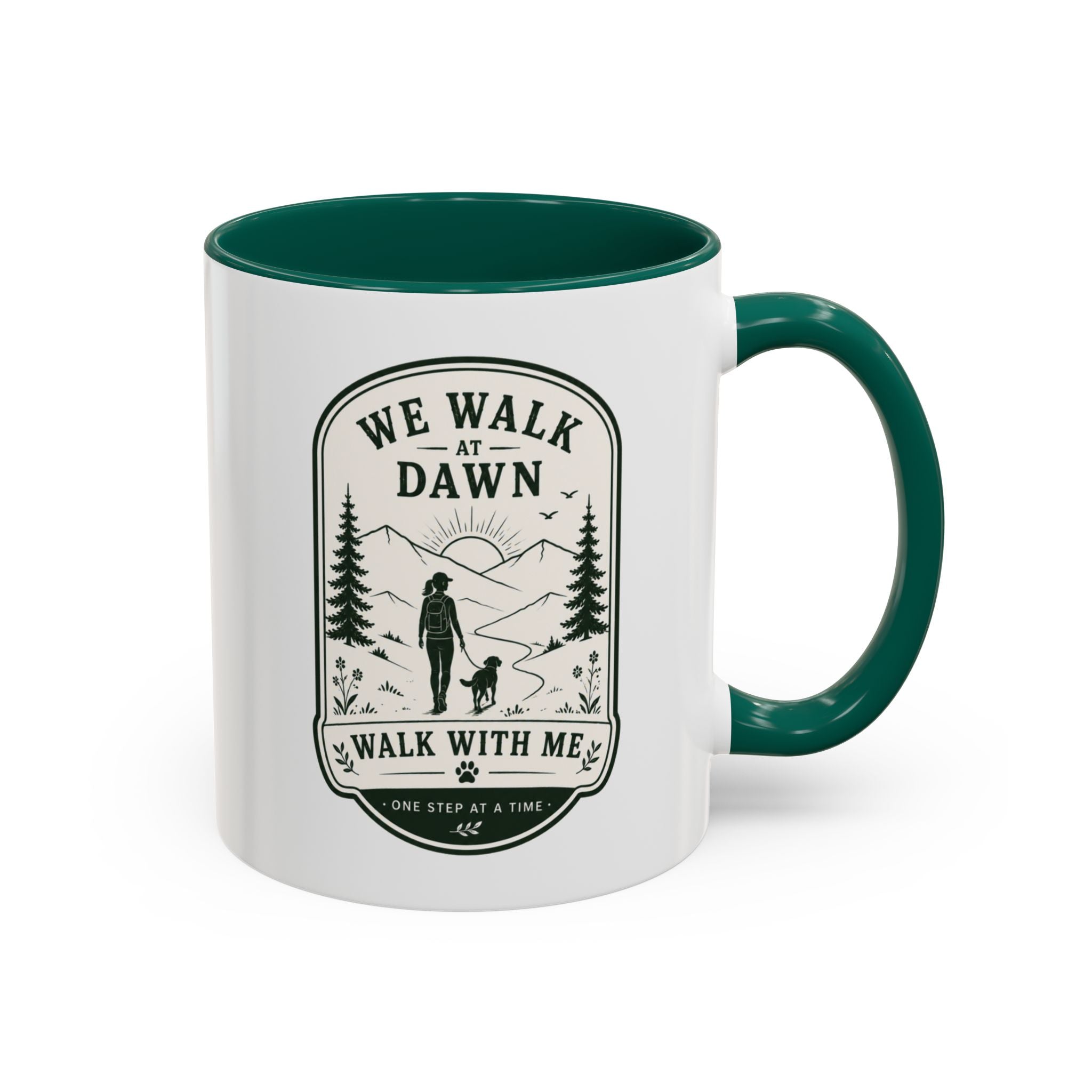 We Walk at Dawn Mug — Hiking Coffee Mug with 'Walk With Me' Nature Badge (11oz/15oz)