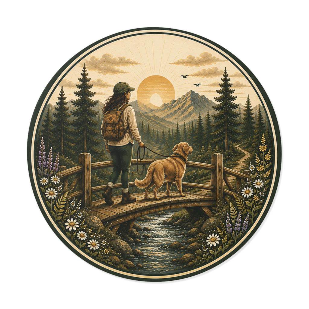 Hiker & Dog Round Vinyl Sticker — Sunrise Mountain Trail Scene