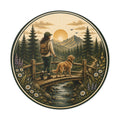 Hiker & Dog Round Vinyl Sticker — Sunrise Mountain Trail Scene