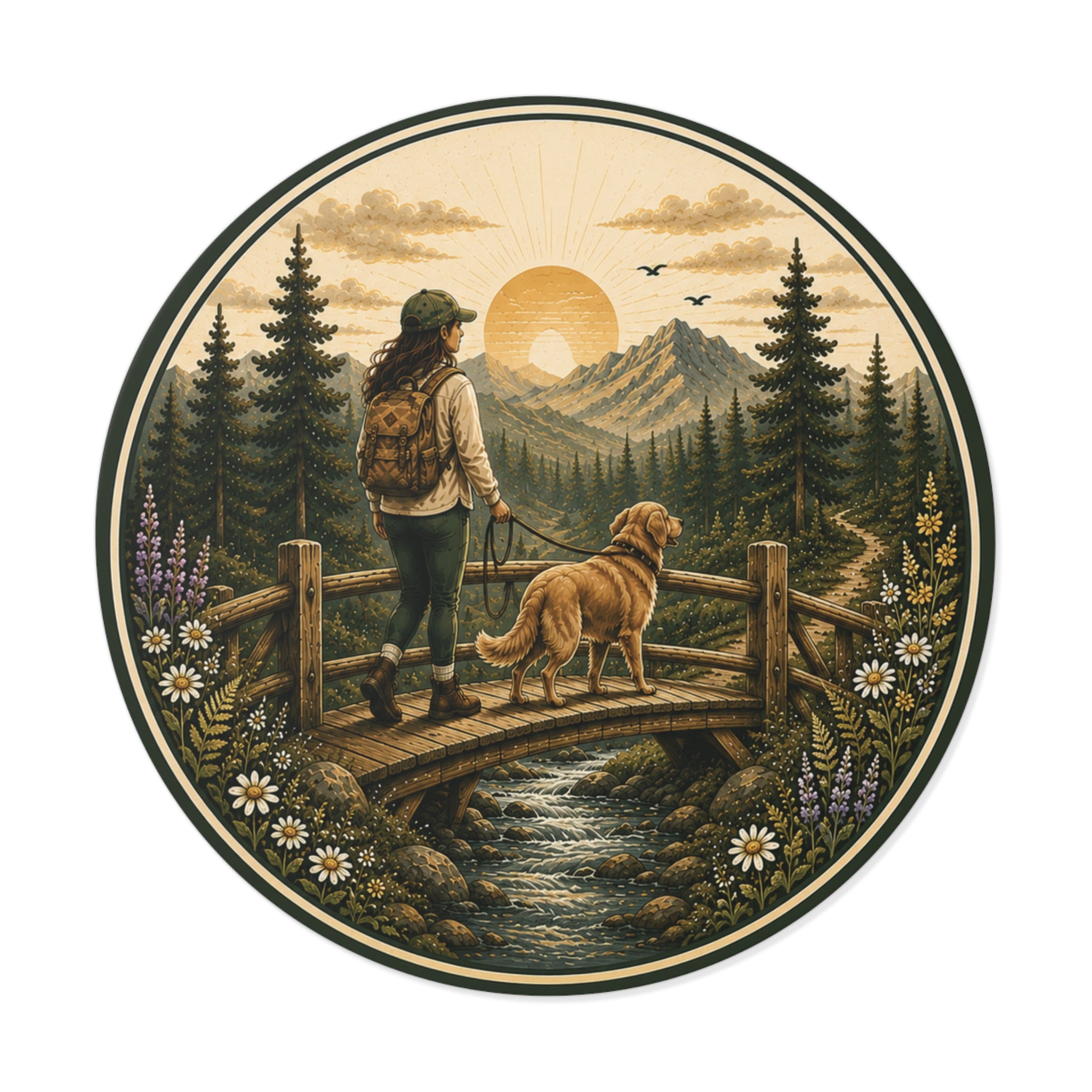 Hiker & Dog Round Vinyl Sticker — Sunrise Mountain Trail Scene
