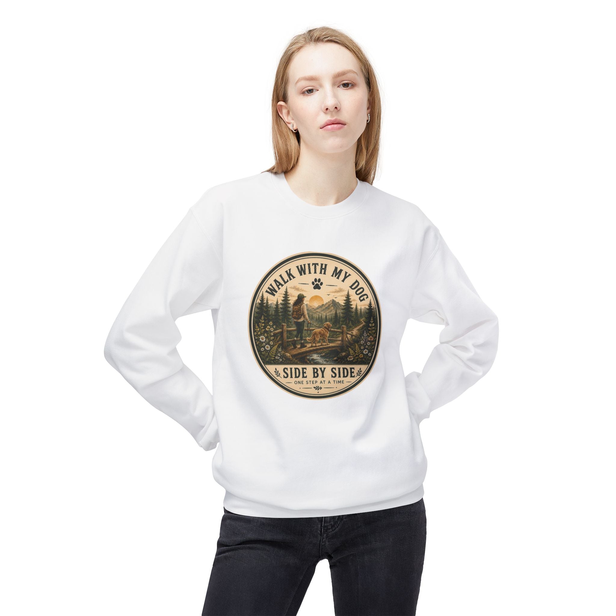 Crewneck Sweatshirt — "I Walk With My Dog Side by Side" Vintage Outdoor Graphic