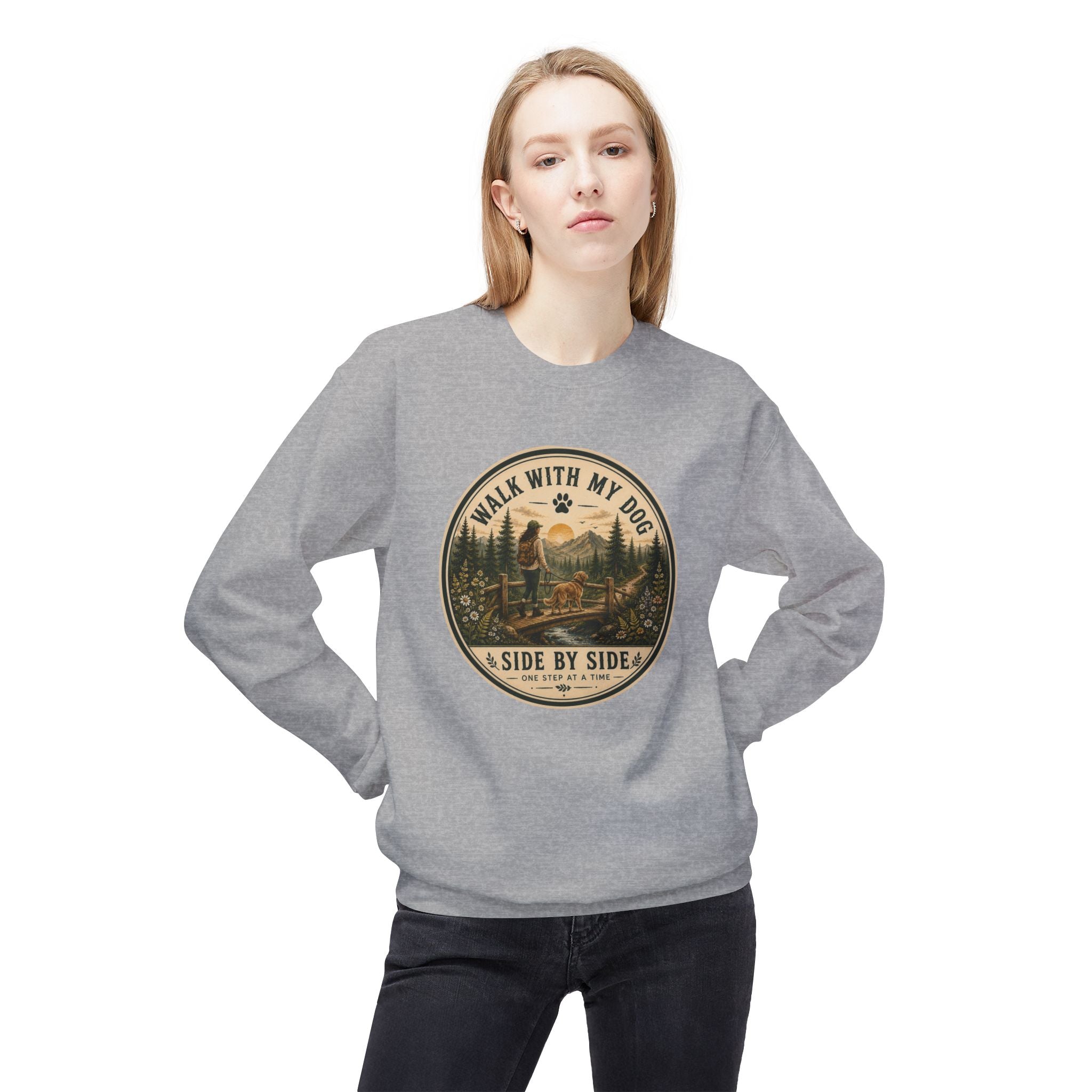Crewneck Sweatshirt — "I Walk With My Dog Side by Side" Vintage Outdoor Graphic