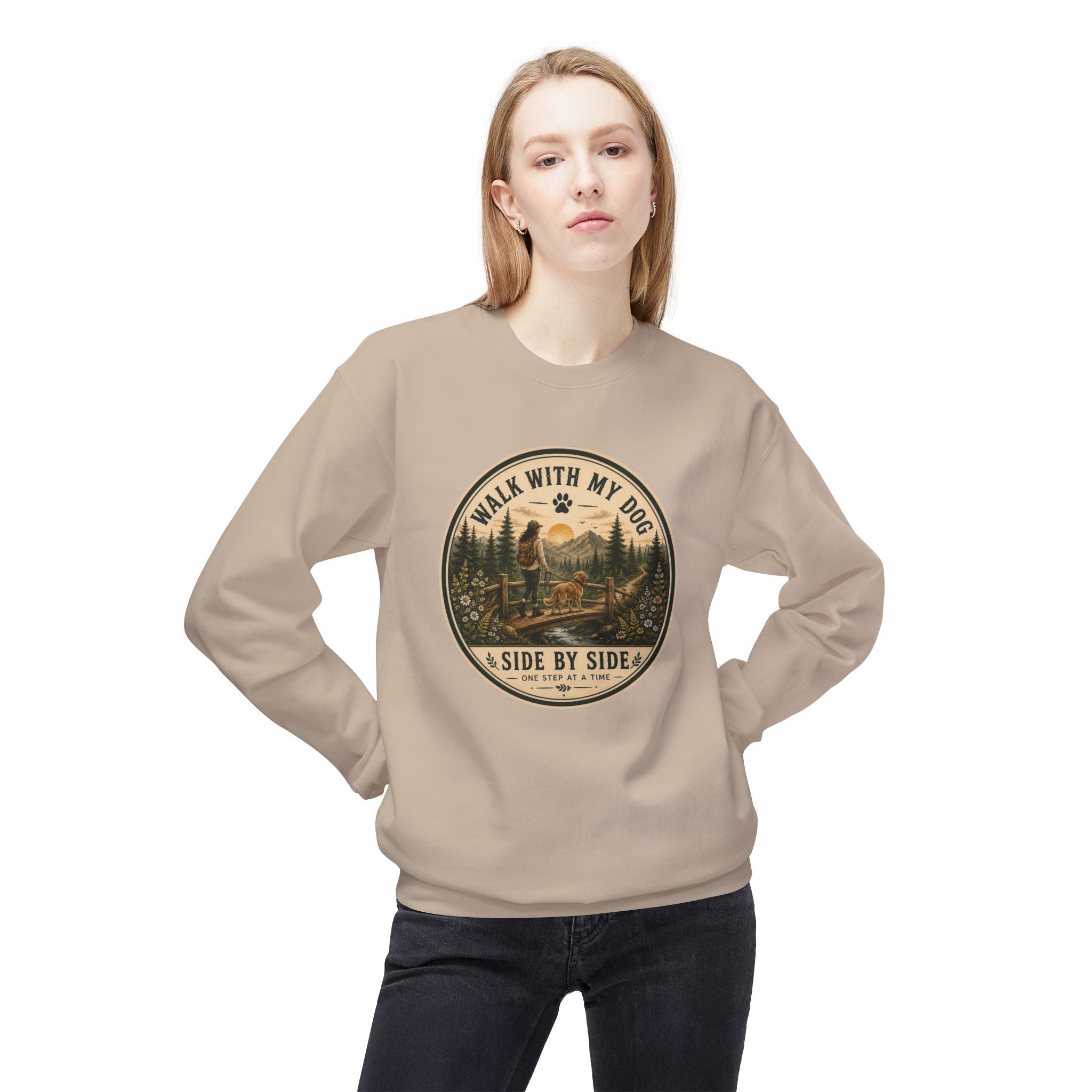 Crewneck Sweatshirt — "I Walk With My Dog Side by Side" Vintage Outdoor Graphic